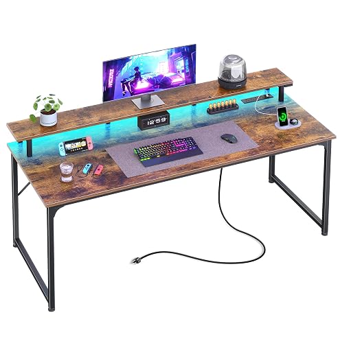 PRAISUN 55 inch Gaming Desk, LED & Outlets, Monitor Stand, Rustic Brown | Sturdy PC Desk for Home Office, Study & Work, LED Lights, 4 AC Outlets & USB-C Charging Station