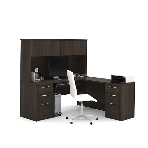 Bestar Embassy 72W L-Shaped Desk with Hutch and 2 Pedestals in Dark Chocolate