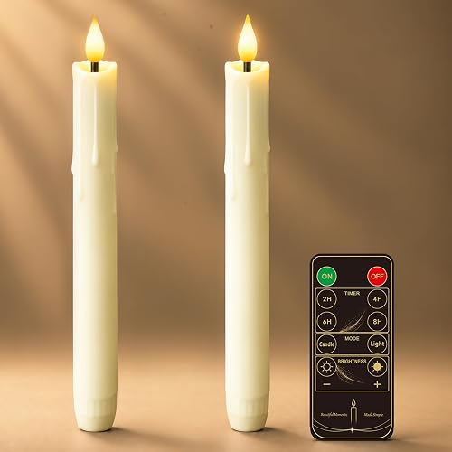 Meigic 9.6 Inches Waxy Flameless Taper Candles, Dripless Fake Candlesticks with Timer, Ivory LED Candle with 3D Flickering Flame for Christmas Kitchen Fireplace Table Home Decor, 2 PCS