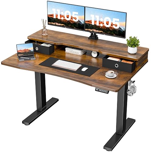 Realbear 48x24 Inch Electric Standing Desk with Drawers, Rustic Walnut | Height Adjustable Desk, 2 Drawers & Dual-Monitor Shelf, Clamp Mount Compatible, 3 Memory Presets with Cable Organizer & Hooks