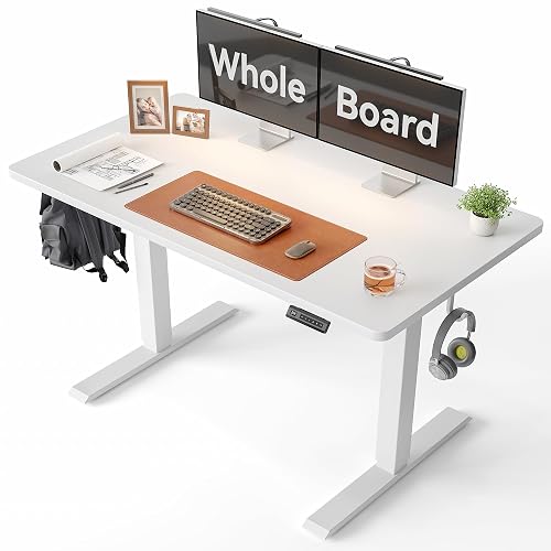 CubiCubi 48 x 24 Large One-Piece Electric Adjustable Standing Desk, White | Height Adjustable Electric Computer Home Office Sit Stand up Workstation, with Memory Presets, Headphone Hook
