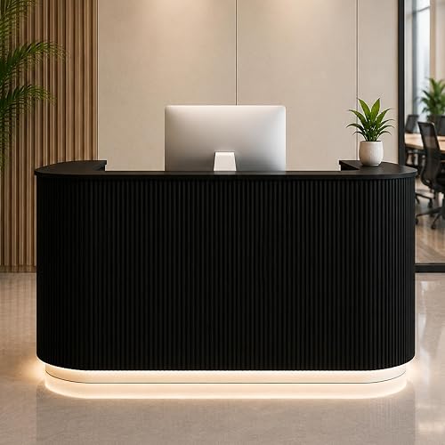 47.2in Modern Curved Fluted Reception Desk Fully Assembled for Office Salon | Equipped with LED Lights Power Outlet Lockable Cabinet Open Storage Privacy Panel Cable Grommet Matte Black