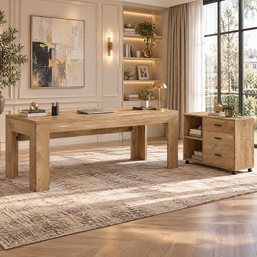 Tribesigns L Shaped Executive Office Desk with Drawers, Light Brown | Large Office Desk with Rolling File Cabinet Combo,Home Office Computer Desk,Wooden Desk with Long Front Baffle
