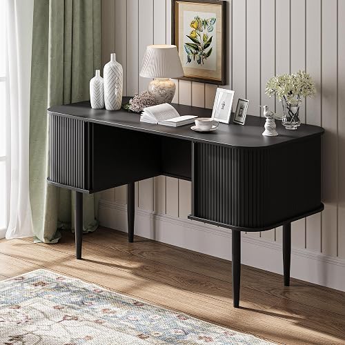 MAISONARIA 55" Modern Writing Desk with Storage, Wood Home Office Desk with Sliding Doors, Computer Desk for Home Office, Dorm, Living Room, Home Study Table, Black