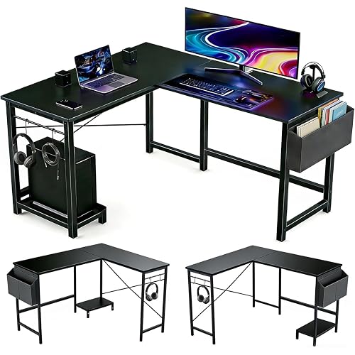 L Shaped Desk, 50 Inch Reversible Computer Desk with CPU Stand | Storage Bag, Side Hook, Black Corner Gaming Table, Sturdy Metal Frame, PC Workstation for Home Office