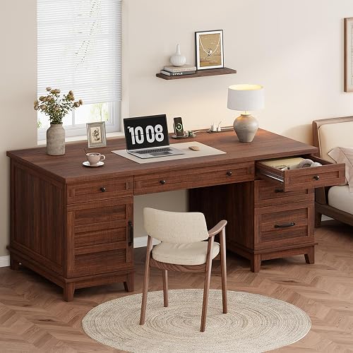 Garvee 60" Wooden Home Office Desk with File Drawers, Executive Desk with Adjustable Cabinet, Farmhouse Wood Desk with Power Outlet, Distressed Study and Work Table, Rustic Brown