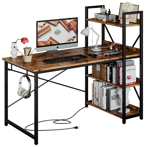 IRONCK Computer Desk 47" with Power Outlet and Storage Shelves,Rustic Brown | Study Writing Table with USB Ports Charging Station, PC Desk Workstation for Home Office
