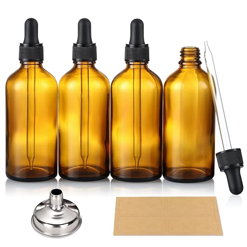 AOZITA 4 Pack, 4 oz Dropper Bottles with 1 Funnel & 4 Labels - Essential Oils Bottles for Health, Personal Care & Beauty - 120ml Thick Dark Amber Glass Tincture Bottles with Eye Droppers, Leakproof