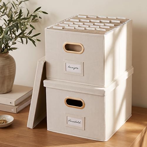 Decorative File Organizer Box Set of 2 - Collapsible Linen Filing Cabinets | Stores Documents and Hanging File Folders - Portable Office Crates with Lid and Handles for Easy Slide Access