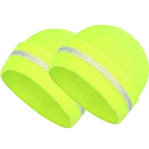 Sucrain 2 PCS Reflective Knit Hat Adult Safety Beanies Hats Warm Winter Knit Caps with Reflective Stripes for Outdoor Work
