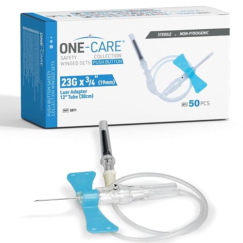 ONE-CARE Push-Button 23G x 0.75'', Industrial & Lab, 50 Sets/Bx, 5071 | 12'' Tube, Luer Adapter, For Measuring, Industrial Lab Supplies, Individually Packaged, Convenient Lock Mechanism