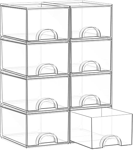 Zeawec 8 Pack Small Clear Stackable Acrylic Storage Boxes & Drawers | Storage Organizer, Clear Plastic Makeup Organizer, Ideal for Vanity, Cabinet, Desk Organization, Art Tool & Sketch