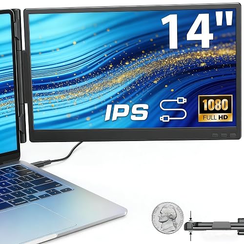 APILDELLA 14" Laptop Screen Extender, FHD 1080P IPS Travel Dual Monitor, 226° Rotation Portable Monitor for Laptops 13-16" with USB-C/HDMI Port, Plug-Play for Win/Mac/Chrome/Android