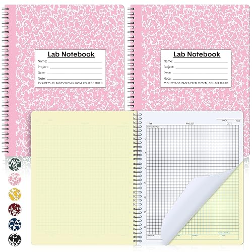Affrolling 2 Pack Carbonless Lab Notebook Carbon Copy 8.5'' x 11'' | 25 Sets of Pages 50 Pages Total, Laboratory Engineering Chemistry Notebook, Science Grid, Coil Binding, Pink and White