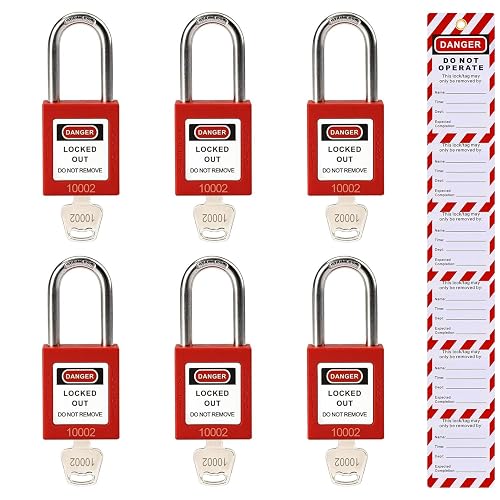 TAEGIQI Lockout Tagout Locks Set, Keyed Different 2 Keys Per Lock, OSHA Compliant Safety Padlocks, Red, 6 Pcs Safety Padlocks with Lock Out Tag Out Tags for Loto Kit Stations and Devices, G01Tags