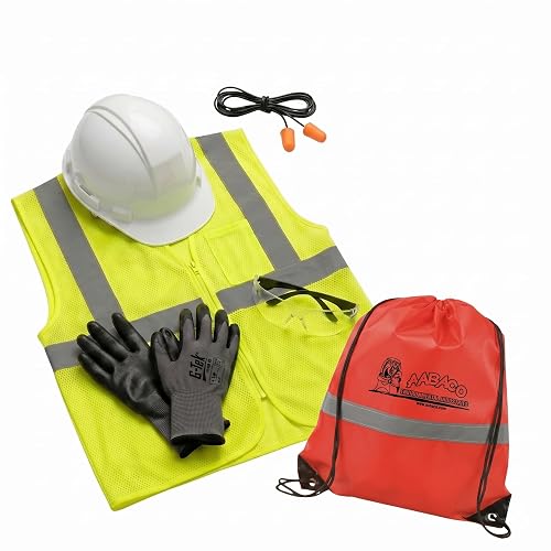 AABACO PPE Kit, Vest, Hard Hat, Gloves & Glasses, Hi-Vis Yellow, Gloves XL | Hi-vis yellow mesh vest, hard hat, ear plugs, safety glasses & nitrile gloves; drawstring storage bag