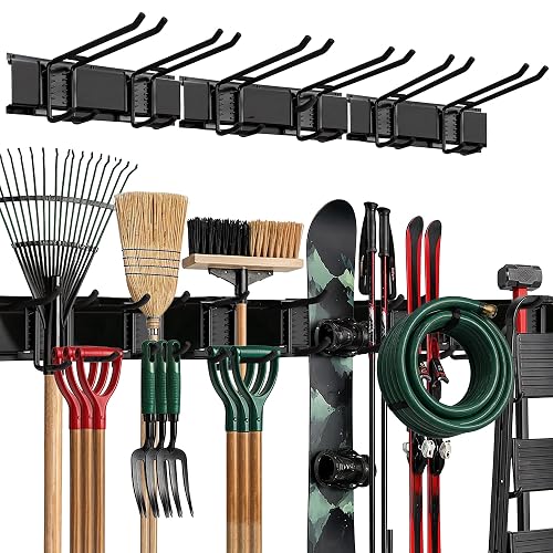 TIDYME Garage Wall Organizer, Shovel Holder Wall Mount, 48" Double Hooks | 300 lbs, adjustable double-layer tool hangers for garage wall, holds ladders, shovels, rakes, hoses & power tools