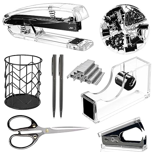 Office Desk Accessories，Office Supplies Set Acrylic Stapler Set Staple Remover, Tape Holder, Pen Holder, 2 Ballpoint Pen, Scissor, Binder Clips, Paper Clips and 1000pcs Staples(Black)