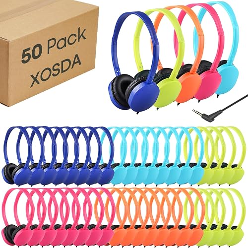 XOSDA 50 Pack Bulk Headphones for Kids School Classroom,Wholesale Children Wired Headphones with 3.5mm Jack for Students Adults Teen Toddler Boys Girls Earphones(PU102,50 Mixed)