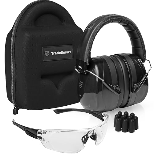 TradeSmart Shooting Ear & Eye Protection Kit, Combined NRR 38 | The hard clip-on case stores it all. You get anti-fog UV400 safety glasses, foam earplugs and foldable padded earmuffs.