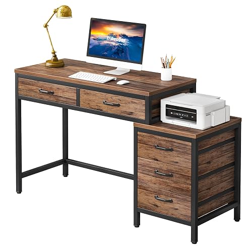 Tribesigns Computer Desk with 5 Drawers, Reversible Home Office Desks | Small Desk with Drawer Cabinet Printer Stand, PC Desk with Storage, Rustic Study Writing Table Workstation for Small Spaces