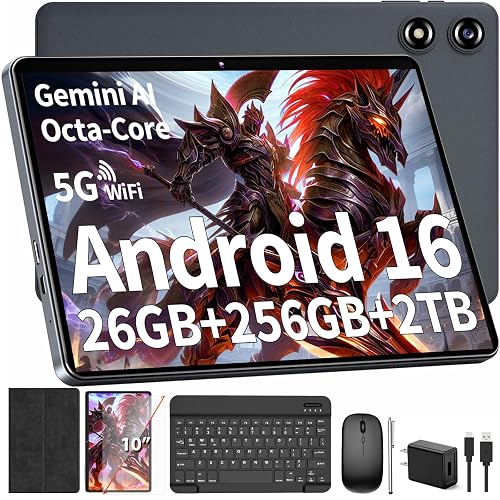 Android 16 Tablet with Keyboard - 26GB+256GB+2TB Expand, Gemini AI-Black | 10 inch Tablet, 8-Core, 5G WiFi, 8000mAh, GPS, GMS, Electronic Tablet with Case/Mouse/Stylus, Student & Adult, Streaming/Work