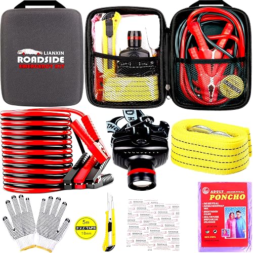 Car Emergency Kit with Battery Jumper Cables Headlamp Car Safety Kits | LIANXIN Roadside Emergency Kit Tow Straps, Art Knife, Gloves, Breakdowns Gifts for New Drivers and Teenagers