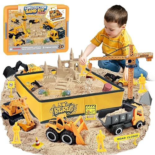 BEIREG Construction Sensory Sand Kit - 42 PCS Building Set with 2lbs Magic Sand, 9 Construction Trucks, Foldable Roof Sandbox, Cranes, Road Signs & Tools | STEM Gift for Boys Ages 3-8