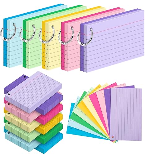 Pindda 250 PCS Colored Index Cards 3x5 Inch with Ring, Ruled Flash Cards | 10 Color (50 Sheets Each) Heavy Note Cards for Studying, Flashcards with Waterproof Covers for Office Home School Supplies