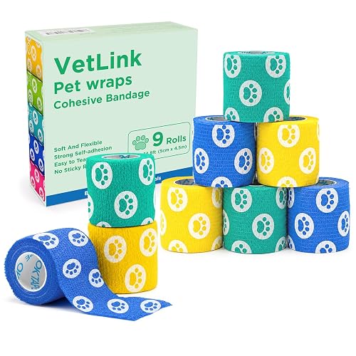 VetLink 9 Rolls Vet Wrap Self Adhesive Bandage Wrap, Green, Yellow, Cyan | No Chew Bitter Medical Wrap for Dogs & Cats, Elastic Cohesive Bandage for Wound Care, Paw Protector, 2" x 5 Yards