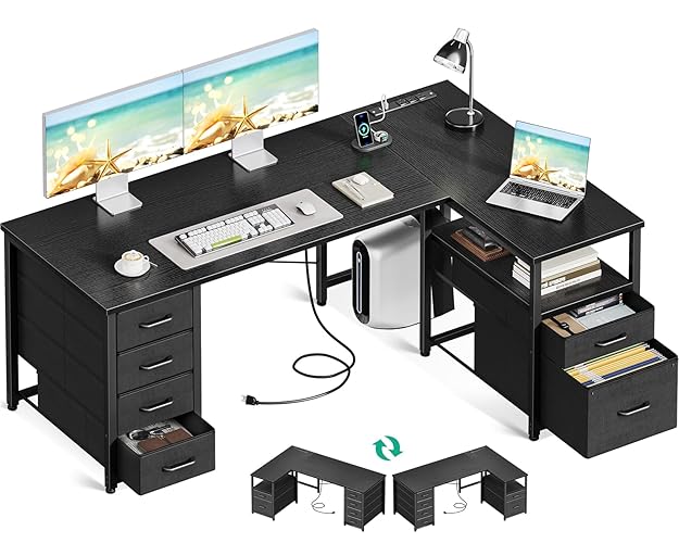 Coleshome 55 Inch L Shaped Office Desk with 6 Drawers, Power Outlet, Black | 5 Fabric Drawers, File Drawer, USB and Type-C Ports, Open Storage Shelf, Reversible Layout for Home Office