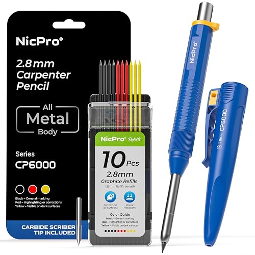 Nicpro Metal Construction Pencil, Mechanical Carpenter Pencils w/Sharpener | Heavy Duty Metal Body woodworking Pencil, Site Holster, Carpentry Marking Pencil +10 Refill & Carbide Scriber Tip, Best Tools