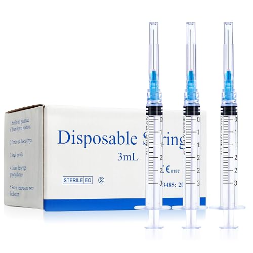 3ml Syringes with 23 Gauge 1 Inch Needles Luer Lock Disposable, 100 Pack | Disposable Lab Supplies for Measuring Refilling Dispensing Liquids, Oil, Inks, Watering, Plant, Pet Feeding, Glue Applicator