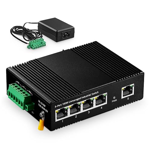 5 Port Industrial Ethernet Switch, 4 Ports and 1 Uplink 10/100Mbps, Fanless Din Rail and Wall Mount, IP40 Aluminum Alloy -40~75°C(-40~185°F), with One Power Supply