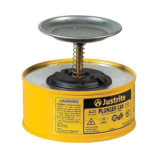 Justrite Plunger Can for Solvent, 1 Quart Capacity, Made in the USA, Yellow | 5.6" x 7.25", Solvent Dispenser Can, Galvanized Steel, Flame Arrester Screen, FM Approved