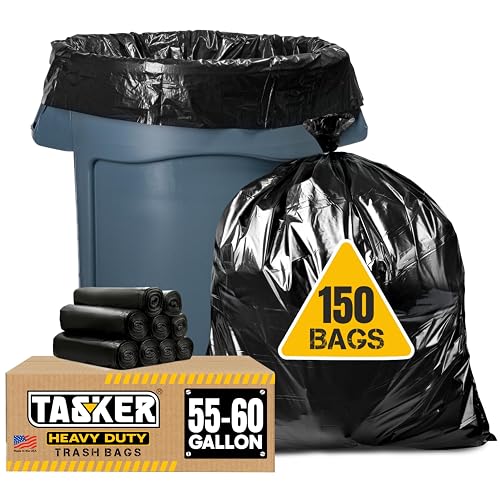 Tasker 55-60 Gallon Trash Bags Heavy Duty | Mega ValuePack 150 Bags | Large Black Garbage Bags | for Office, Commercial, Outdoor, Lawn, and Leaf
