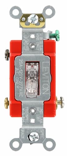 Leviton 20-Amp, 120 Volt, Toggle Pilot Light, Illuminated On, Req. Neutral Single-Pole AC Quiet Switch, Extra Heavy Duty Grade, Self Grounding, 1221-PLC, Clear