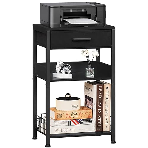 Lerliuo Printer Stand with Storage,3 Tier Home Office Organizer with Fabric Drawer,Industrial Style Printer Table for Printer, Scanner, Paper and Office Supplies