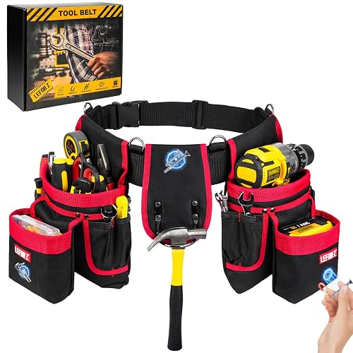 Tool Belt with 4 D-Rings,27-Pockets Tool Belts for Men,Construction | Heavy Duty Utility Belt with Detachable Tool Pouch Bag,Magnet Toolbelt for Electrician,Carpenter,Dad Gifts,Black/Red