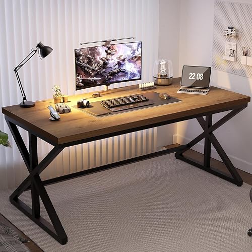 IBF 60” Rustic Office Desk Table, Industrial Wood Computer Desk Home Office | Modern Long Large Wide Simple Pc Gaming Workstation Executive Writing Desks Big Table for Work Study, Rustic Oak, 60 Inch