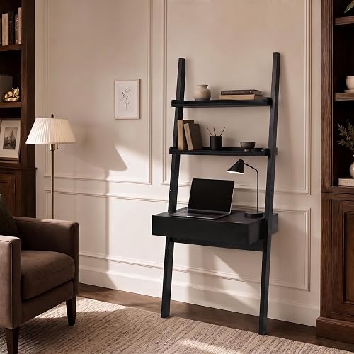 Arvolia Home Office Desk with Ladder Shelf & Drawer, Computer Writing Desk with Storage Shelves, Modern Small Desk for Bedroom Study