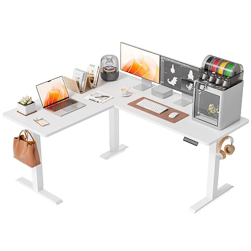 FEZIBO 63" x 55" L-Shaped Standing Desk - Adjustable Corner Desk L Shape, L-Shaped Adjustable Desk with Splice Board, L Shape Standing Desk, White