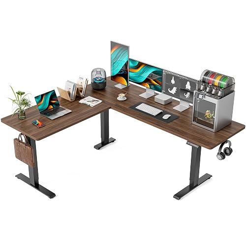 FEZIBO 75" x 63" L-Shaped Standing Desk - Adjustable Corner Desk L Shape, L-Shaped Adjustable Desk with Splice Board, L Shape Standing Desk, Black Walnut