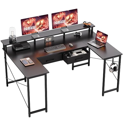 Pamray 55 Inch Gaming Desk with Drawers U Shaped Large Computer Desk | Ample Workspace Office Desk with Monitor Stand & Headphone Hook for Home Office Bedroom Study Writing Table Workstation