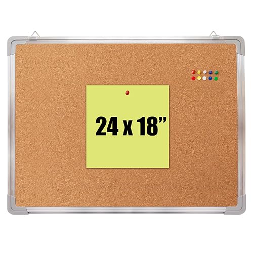 Cork Board 24x18 in, Framed Wall Hanging Bulletin Board with 10 Thumb Tacks | Thumb Tack Board, Pin Board for Wall, Corkboard Message Memo Notice Board with Hooks for Home, Office, Desk and Cubicle