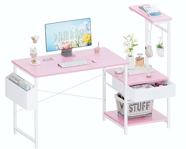 Pamray 50 Inch Small Gaming Computer Desk with Drawers and Shelves | Compact Gaming PC Table with Side Storage Bag & Hooks & Printer Shelf for Home Office Work Study Writing Bedroom