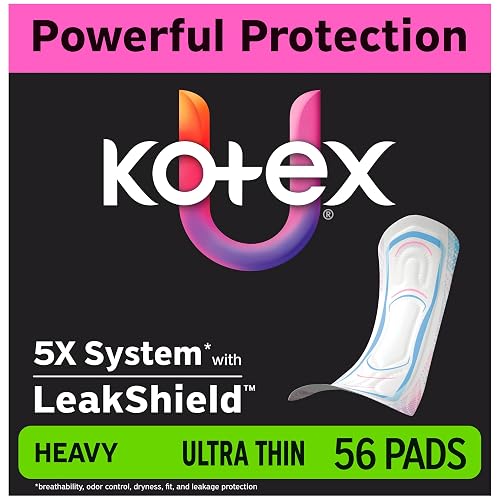 Kotex Ultra Thin Pads, Heavy, 56 Count | Period Pad, Breathable Soft Touch Cover, Made Without Fragrance, Clean & Dry Feel, LeakShield Protection, Gravity Core