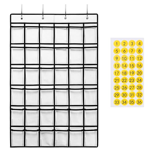 SAVERHO 36 Clear Pockets Classroom Pocket Chart for Cell Phones, Pocket Chart for Calculator Phone Holder with 36 Number Stickers and Hooks (White)