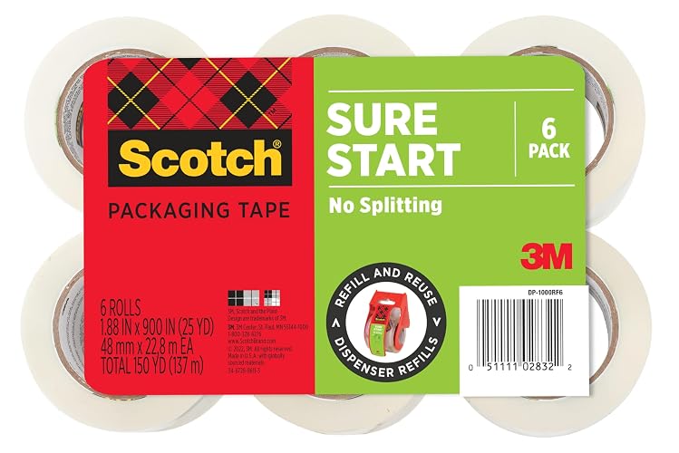 Scotch Sure Start Packing Tape Refill, 900 in x 900 in, 6 Rolls | Clear Packing Tape, Easy Start, Quiet Unwind, Packaging Tape for Boxes, Shipping, Moving, and Storage