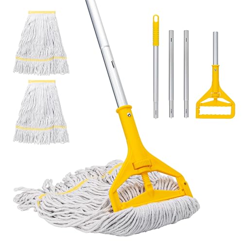 Heavy Duty Commercial Mop with 3 Extra Large Replacement Heads,59" Handle | Industrial Looped-End String Wet Cotton Mops for Home,Kitchen,Office,Garage,Workshop, Warehouse Floor Cleaning